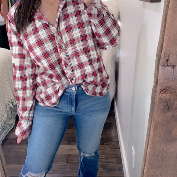 Talbots red plaid button down shirt size XLarge cotton blend - Picture 1 of 9